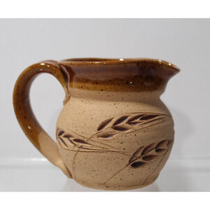 Studio Art Pottery Handmade Creamer Brown Glazed/Natural Clay Wheat Leaf Marked